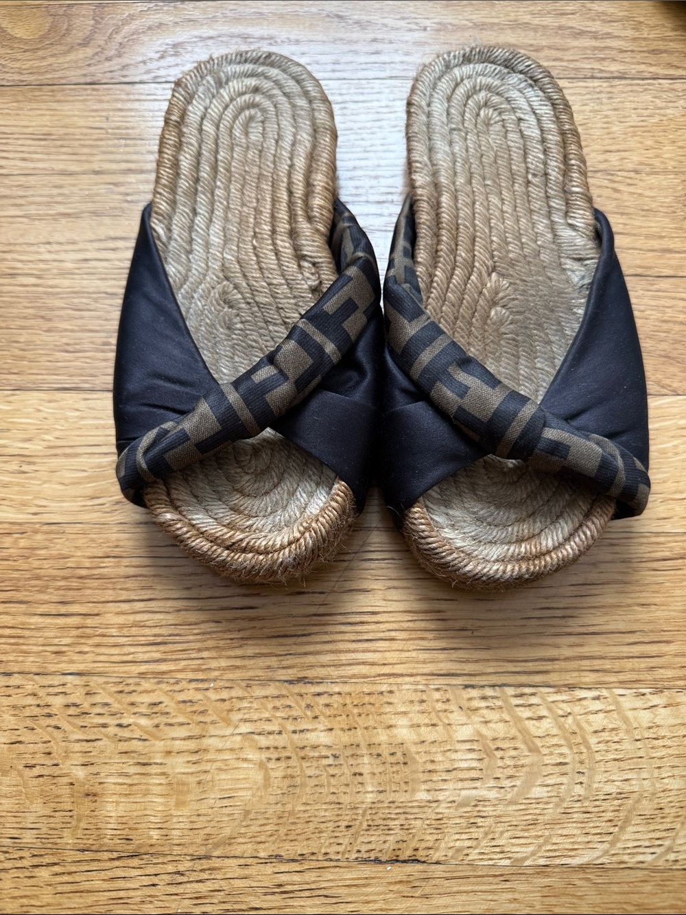 Fendi Black & Brown Logo Crossband Espadrille Slides